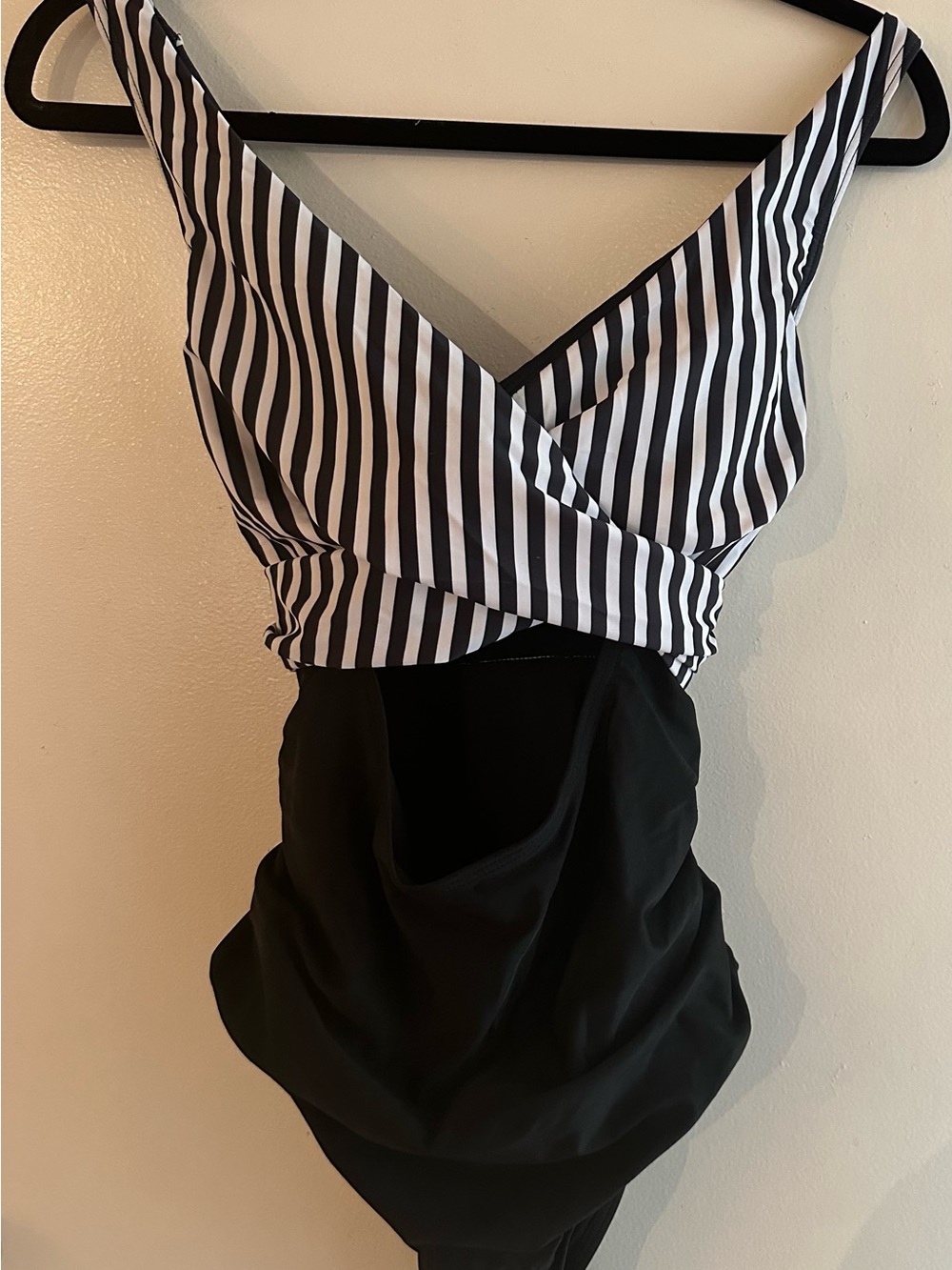 Black & White Striped Womens One-Piece Swimsuit with open middle peep